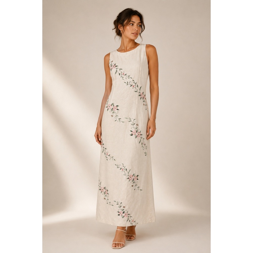 Scarlett Maxi Dress Women 9/10 Cream NWT Vintage 90s Linen Floral Embroidered